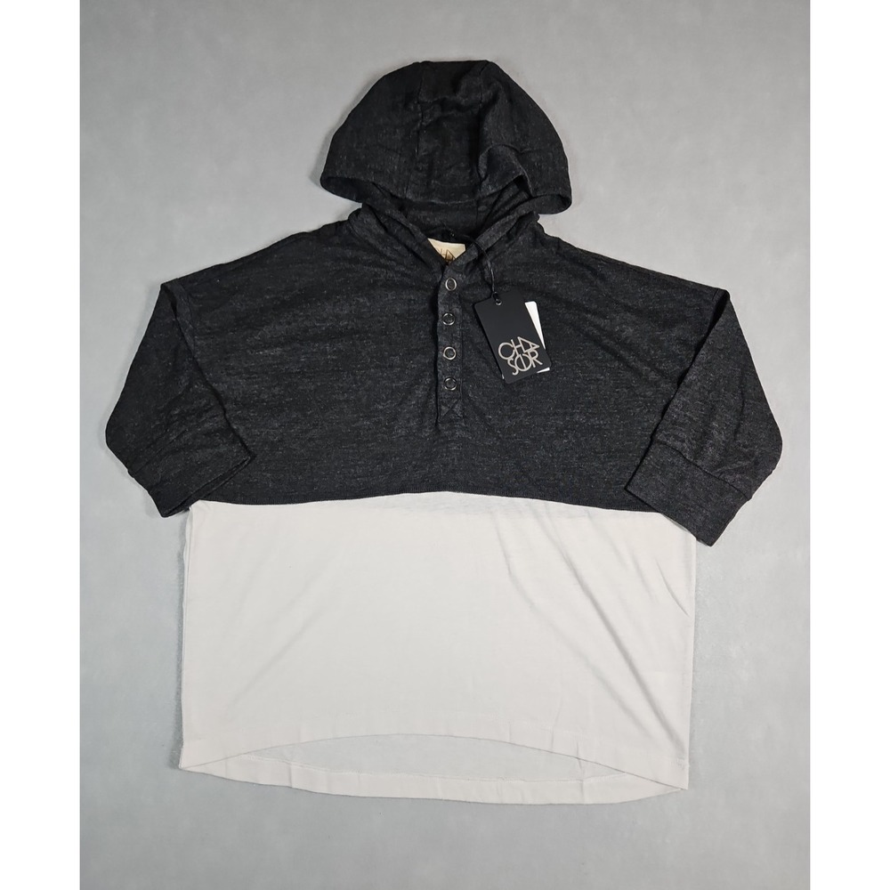 Chaser Womens Dark Gray White Colorblock Hooded Henley Top Size Small NWT